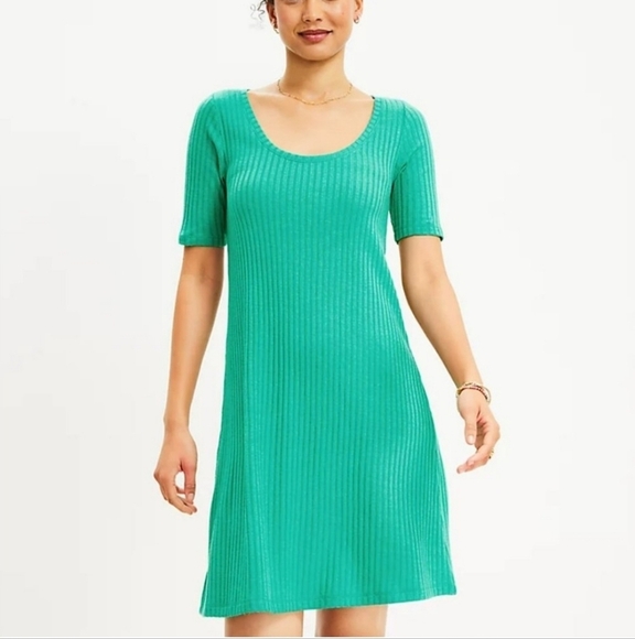 LOFT Ribbed Scoop Neck Shift Dress XSmall Cove Green - Picture 1 of 7